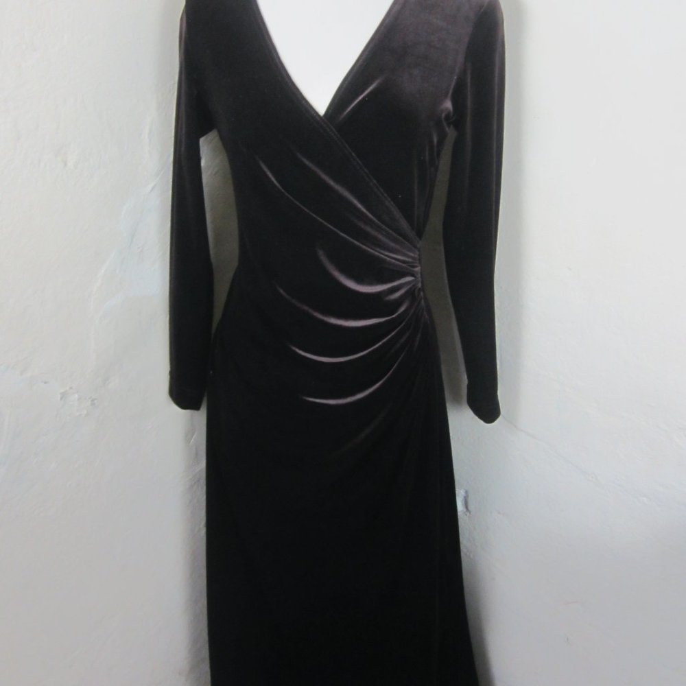 Vintage TADASHI Dark Brown Velvet Long Maxi Evening Occasion Dress Women's M